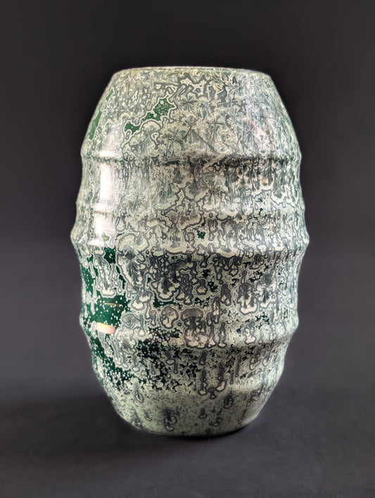 Emerald green crystalline glazed vase by ceramic artist Robbin Harris, featuring silver crystal blooms and softly ribbed form.