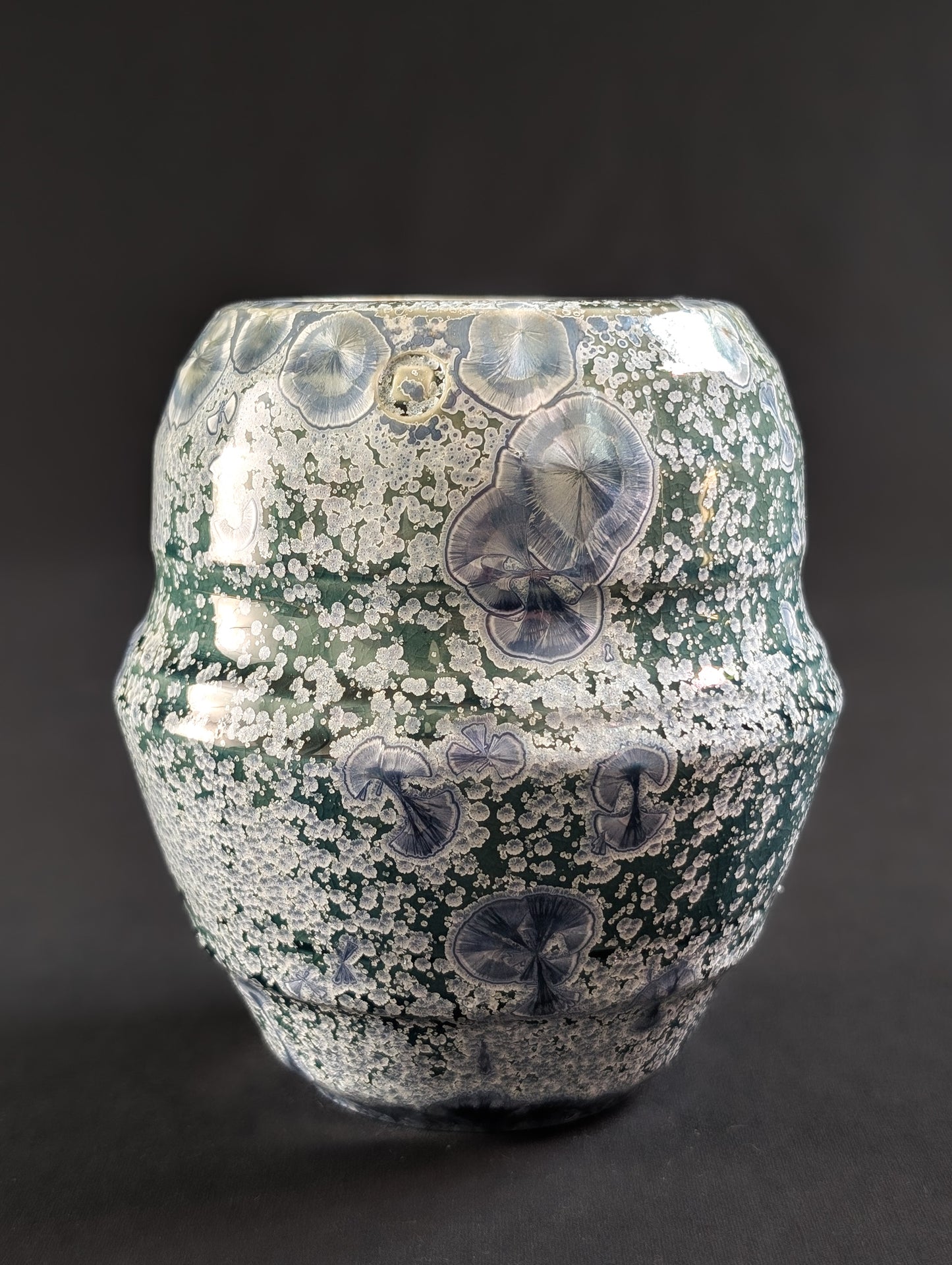 Front view of 'Earth's Jewel' by Robbin Harris showcasing stunning crystalline formations over the surface of the porcelain pot.