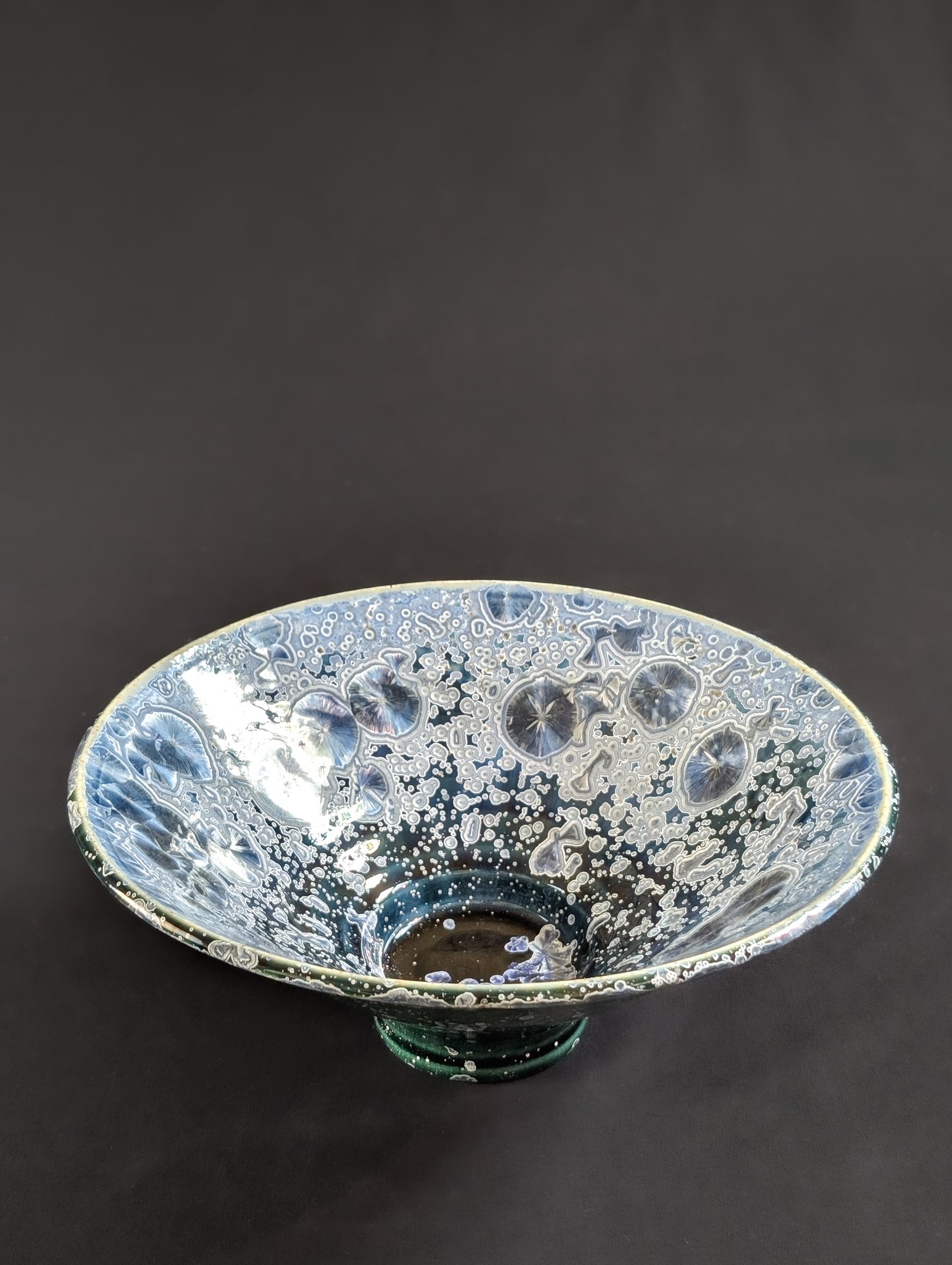 Stunning ceramic trinket dish with sapphire blue crystalline crystals by artist Robbin Harris.