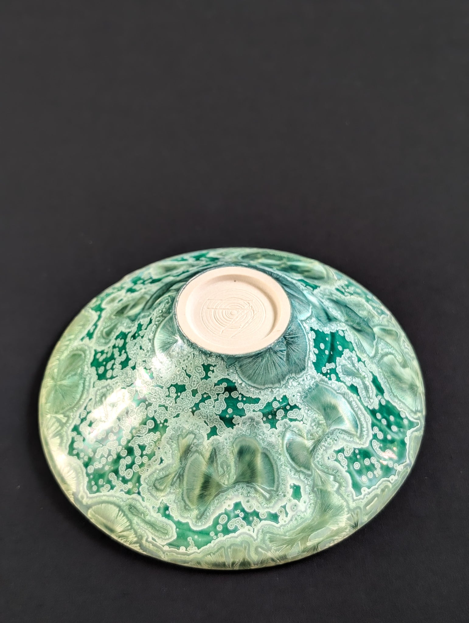 Outside view of bright green crystalline dish by Robbin Harris.