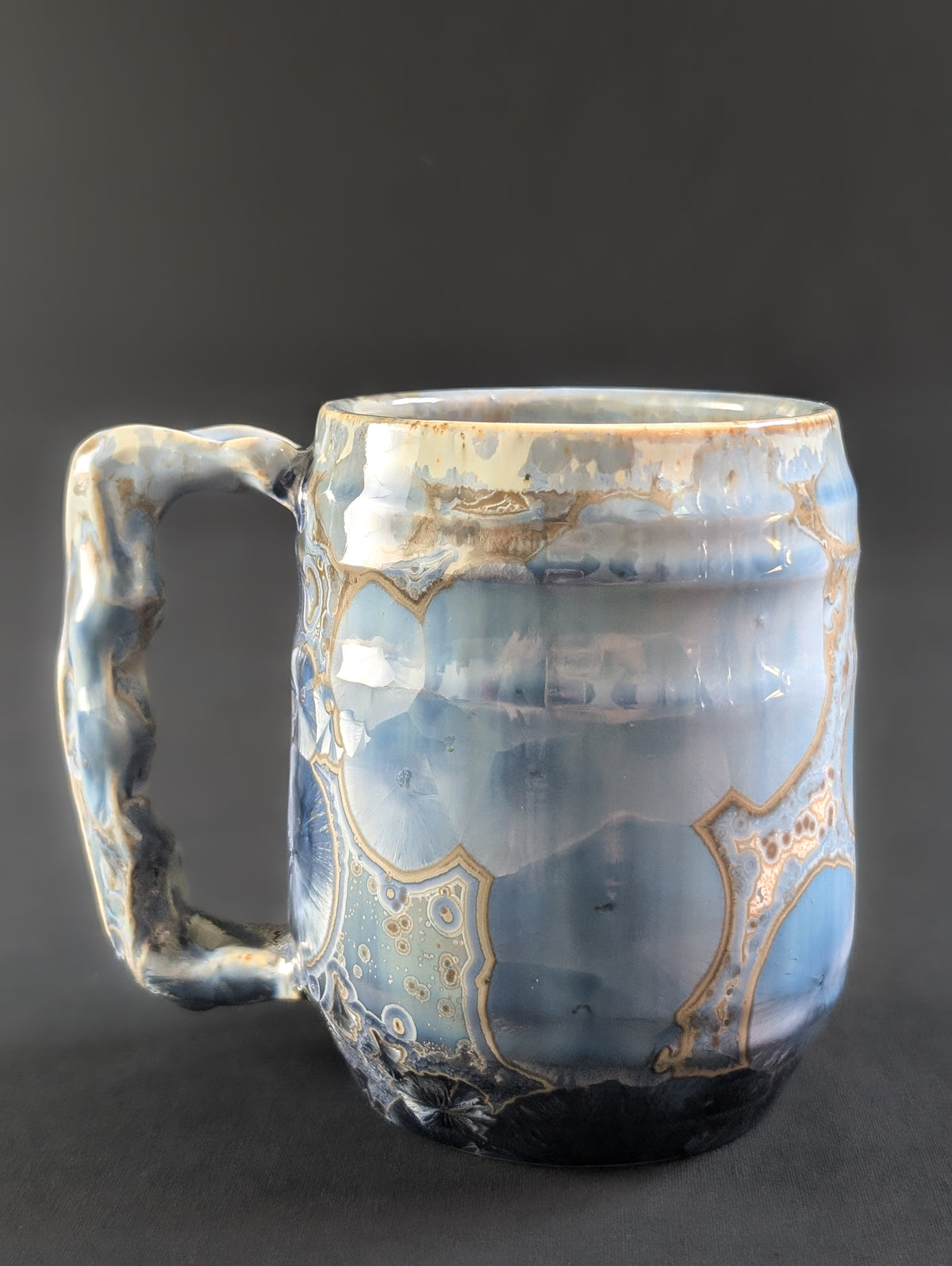 Alternate side of Skydust, capturing a smooth fade from deep cobalt at the base to soft sky tones near the rim, with striking crystalline patterns.