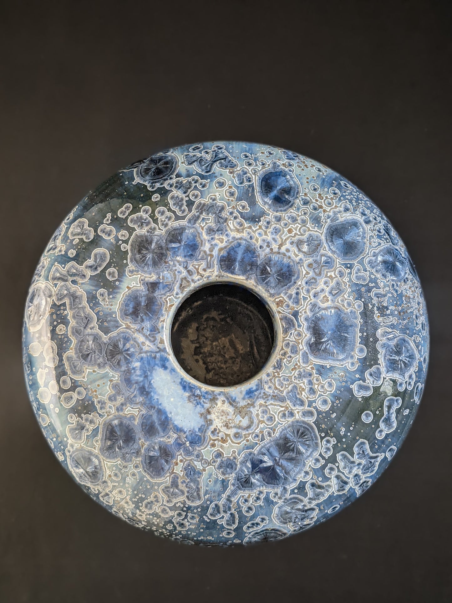 Top view of Majestic Verdance, showing the crystalline glaze radiating outward.