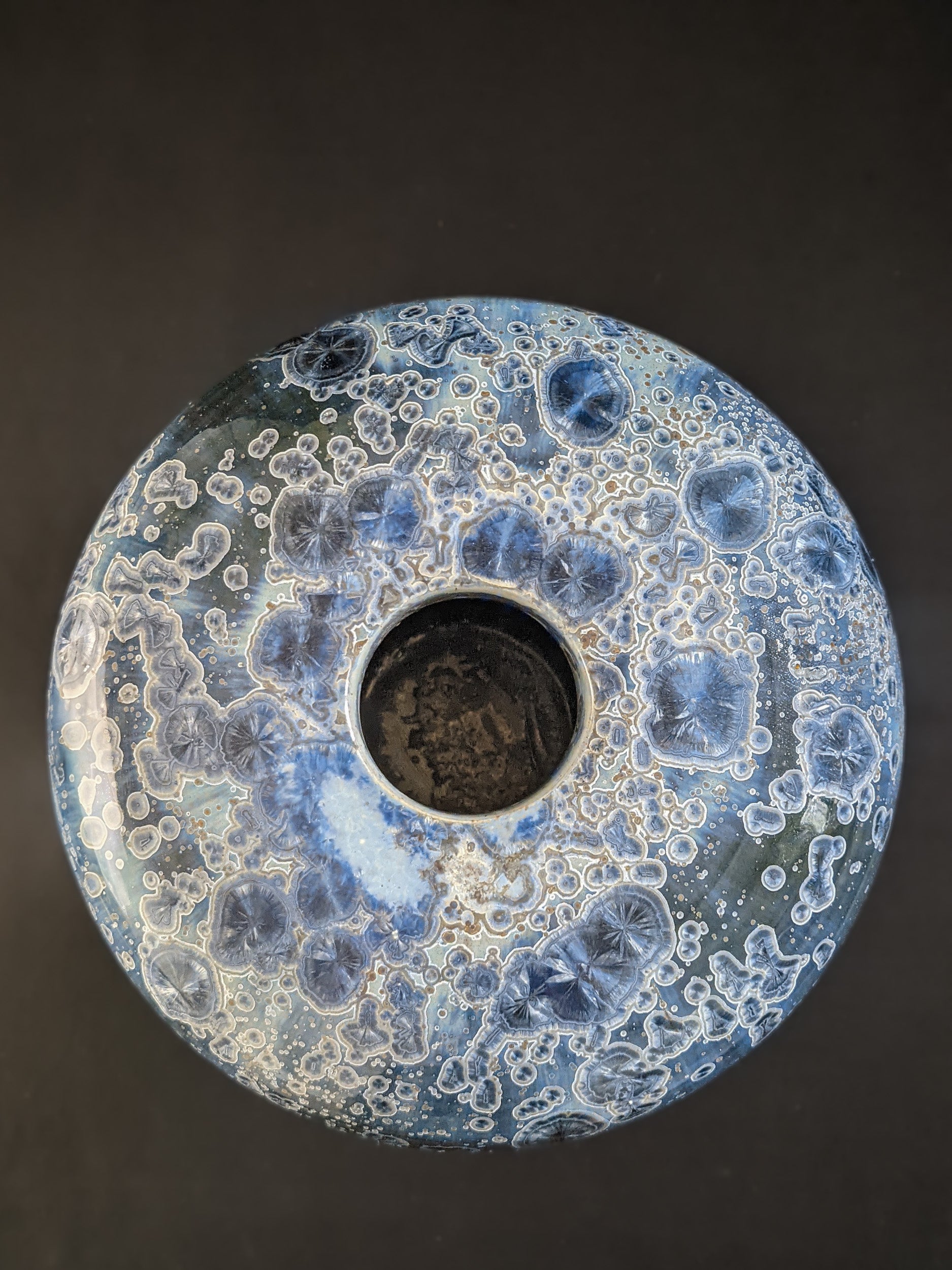 Top view of Majestic Verdance, showing the crystalline glaze radiating outward.