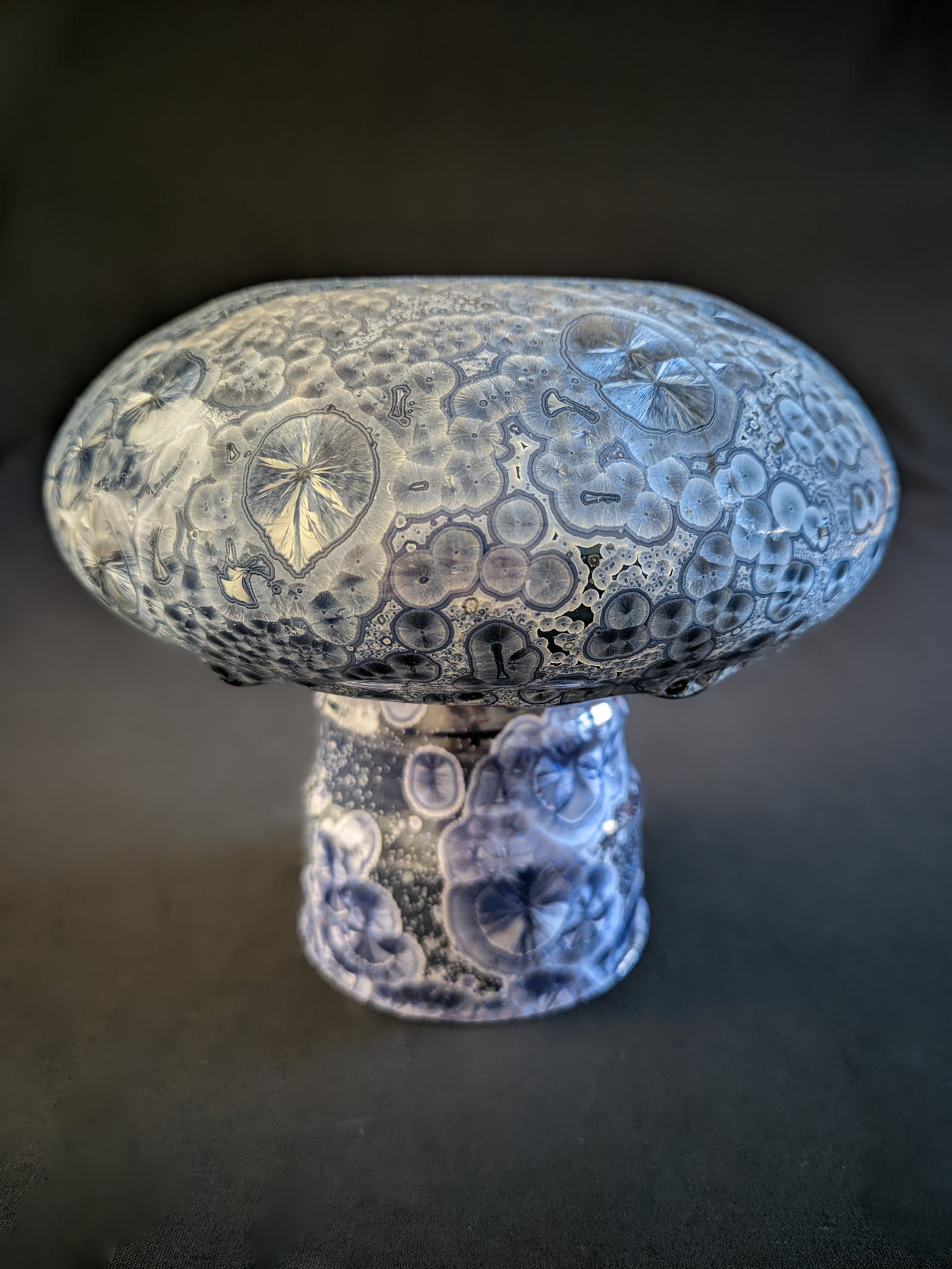 Small porcelain vase titled "Cosmic Fungi," featuring light blue and silver ringed crystals, deep blue stem, and a bulbous cap with glaze drips, set against a contrasting background.