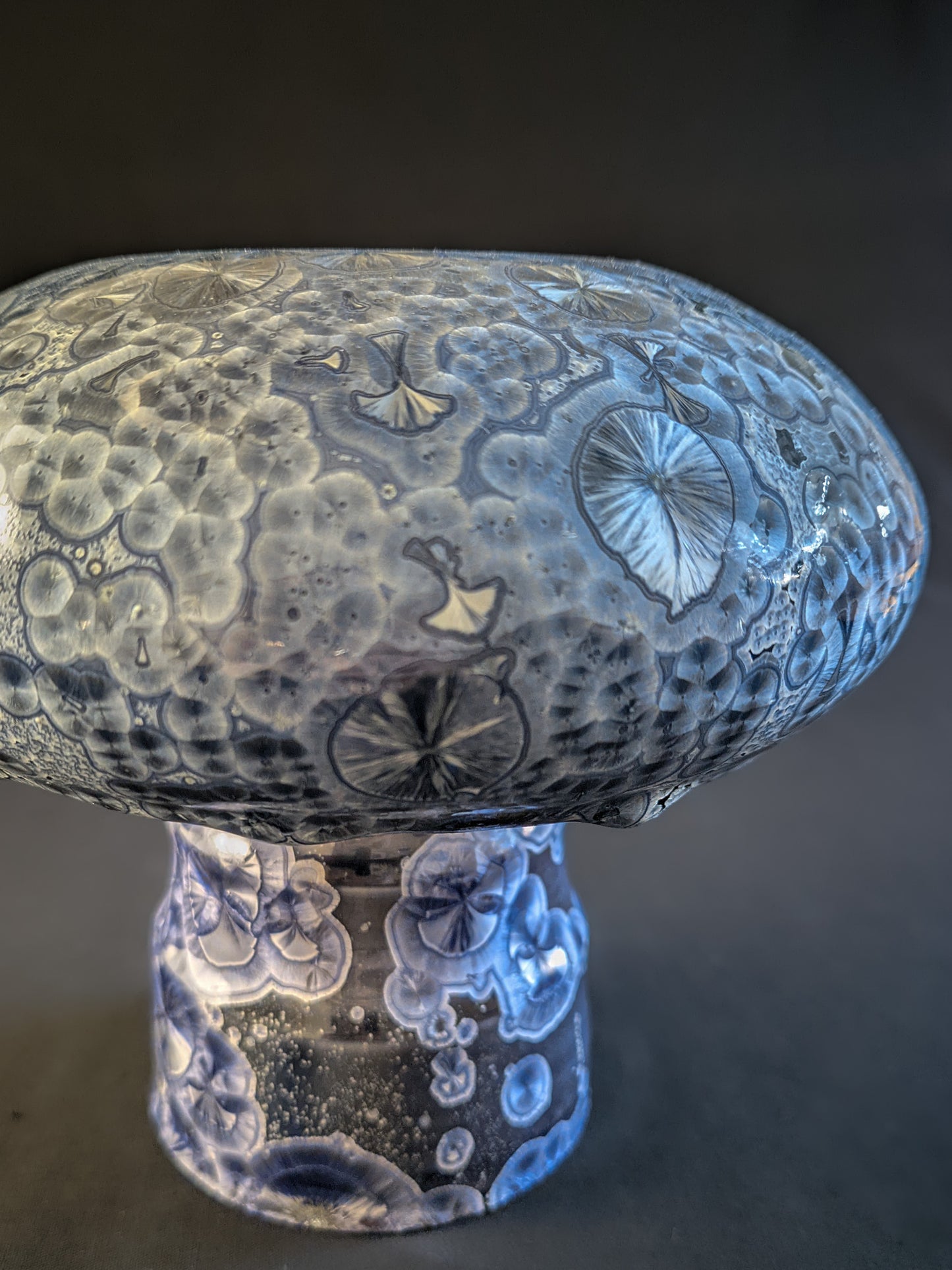 Small porcelain vase titled "Cosmic Fungi," featuring light blue and silver ringed crystals, deep blue stem, and a bulbous cap with glaze drips, set against a contrasting background.