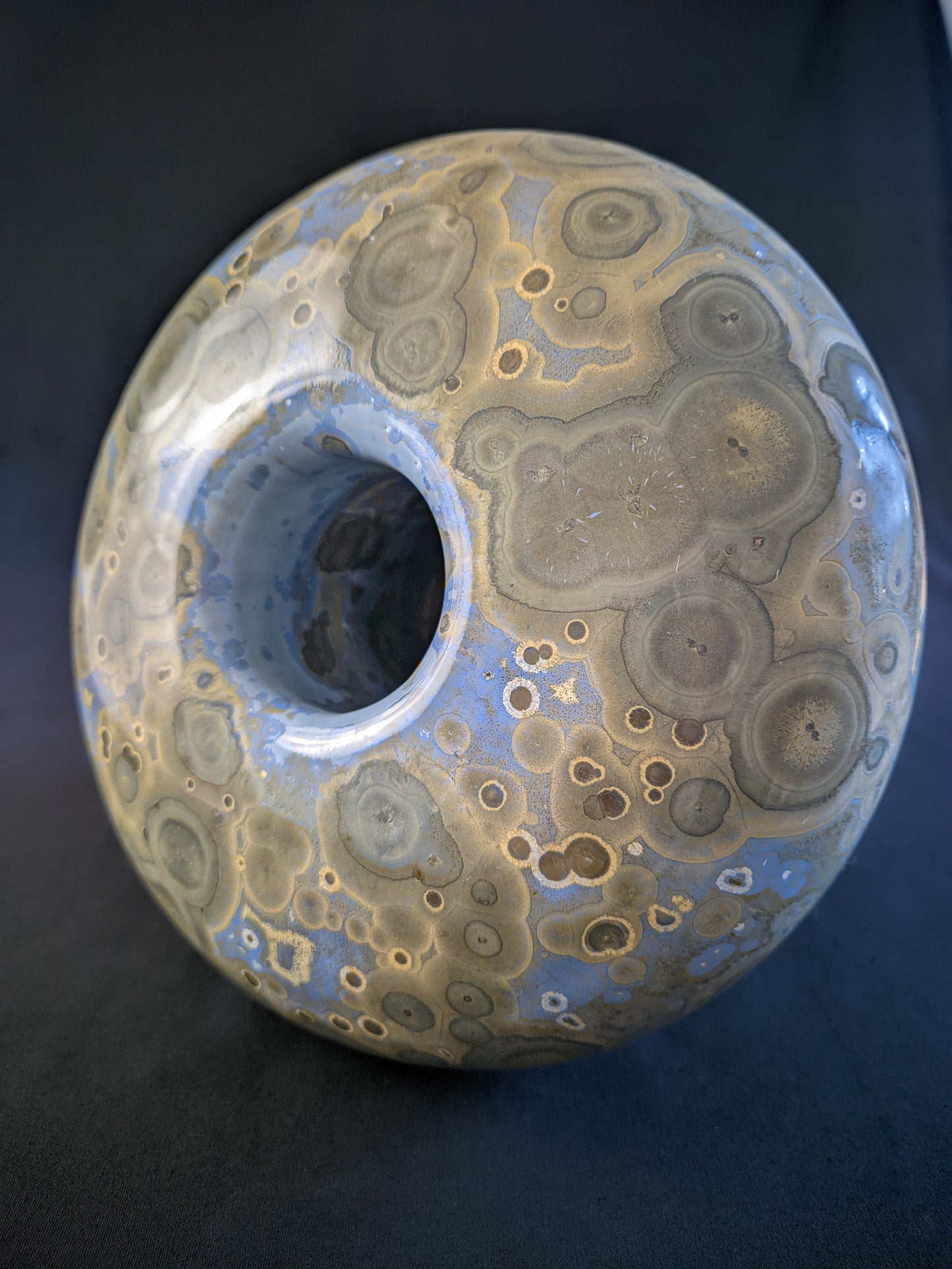 Top of mushroom vase titled "Psychedelic Bloom" with a bulbous yellow cap with beige crystals, showcasing intricate porcelain craftsmanship.